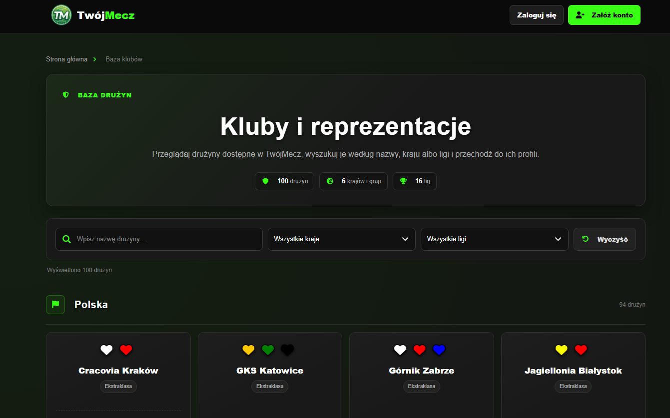 Baza klubów piłkarskich w serwisie TwójMecz